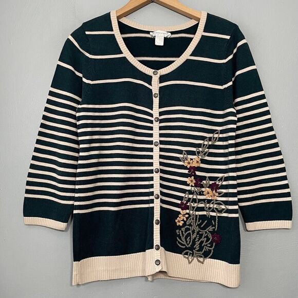 Christopher & Banks Cardigan Size Medium Embroidered Floral Dark Green Cottage - Picture 2 of 9